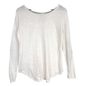 Sundance 100% Linen Beige Cream Striped Top Gray Elbow Patch TShirt - M